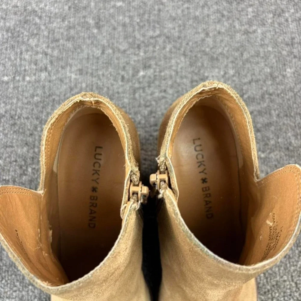 Lucky Brand Brown Leather Wedge Heel Pull On Side Zip Booties Boots Women's Sz 5